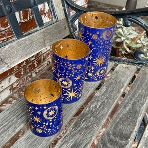 Serrv Celestial Blue and Gold Candle Holder Set (3)